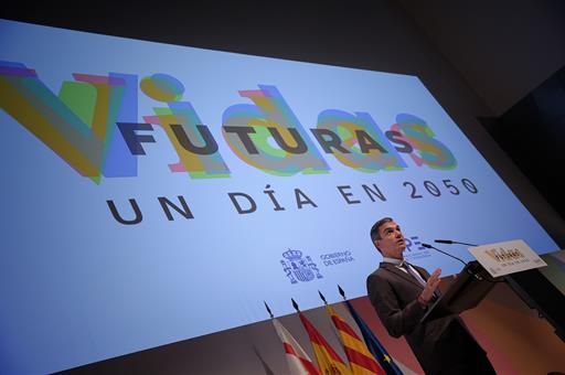 28/09/2026. Presentation of the report "Future Lives: A Day in 2050". The President of the Government of Spain, Pedro Sánchez, speaks at the...