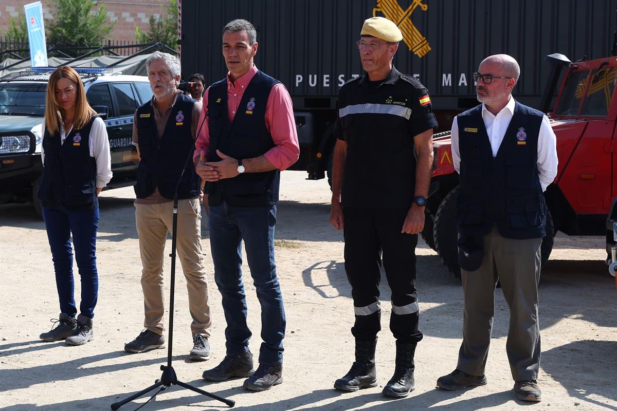 29/07/2026. Pedro Sánchez visita el PMA de Navalcarnero. El presidente del Gobierno, Pedro Sánchez, junto al ministro del Interior, Fernando...