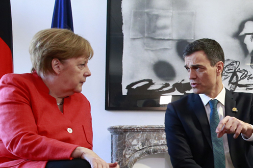 7/08/2018. Pedro Sánchez y Angela Merkel. Foto de Archivo tomada durante la reunión que el presidente mantuvo con la canciller alemana, y el...