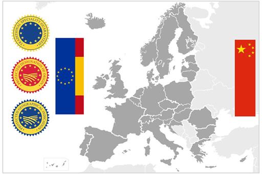 Collage mapa de Europa y las banderas de la UE, España y China