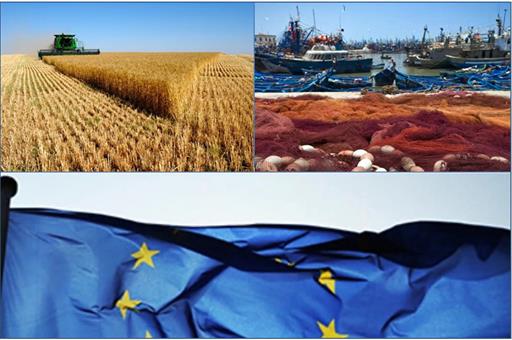 Fotos ilustrativas del sector agrícola y del sector pesquero con la bandera europea