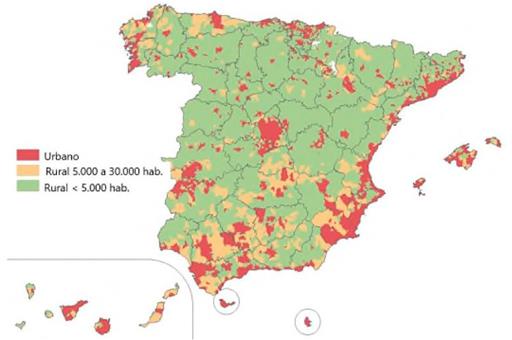 Mapa de España con las áreas rurales señaladas