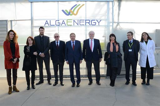 El ministro de Agricultura, Pesca y Alimentación, Luis Planas, junto al personal de la planta tecnológica de Algaenergy
