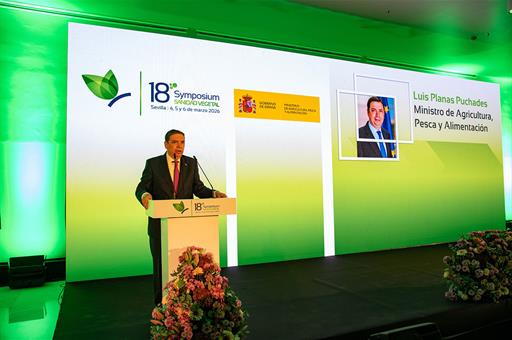 Luis Planas durante su intervención en el simposio de Sanidad Vegetal celebrado en Sevilla
