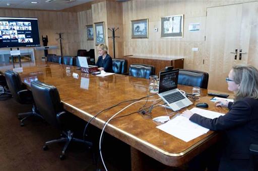 Nadia Calviño durante la reunión por videoconferencia