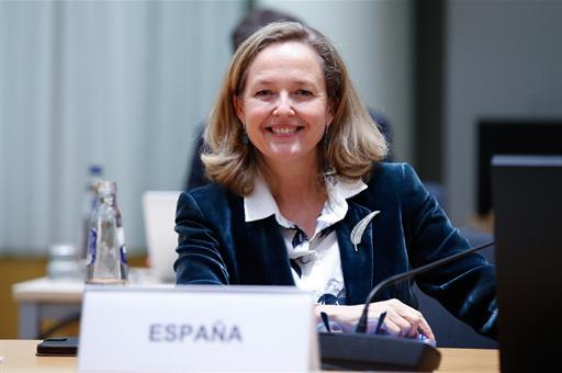 La vicepresidenta primera y ministra de Asuntos Económicos y Transformación Digital, Nadia Calviño, en la reunión del Eurogrupo