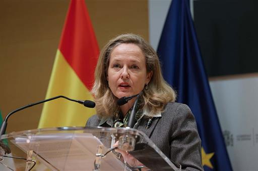 Nadia Calviño durante la rueda de prensa