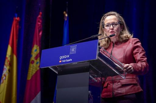 La vicepresidenta primera, Nadia Calviño, durante su intervención en el acto