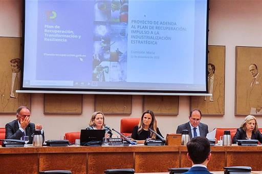 La vicepresidenta primera, Nadia Calviño, durante su comparecencia en la Comisión Mixta Congreso-Senado para la Unión Europea