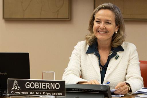 La vicepresidenta primera del Gobierno, Nadia Calviño, durante su comparecencia
