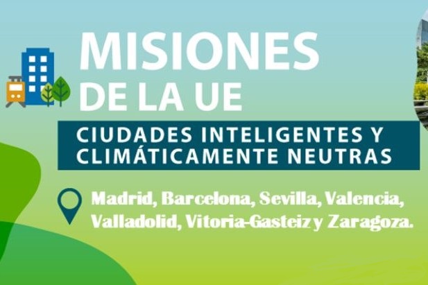 Cartel con las ciudades españolas seleccionadas: Barcelona, Madrid, Sevilla, Valencia, Valladolid, Vitoria-Gasteiz y Zaragoza