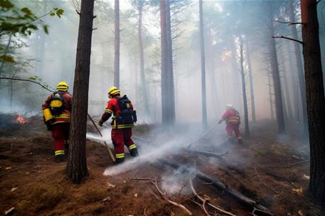 Bomberos apagando un incendio forestal