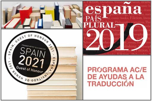 Collage de la portada del folleto de España en la feria del Libro de Frankfurt y de la convocatoria de ayudas a la traducción