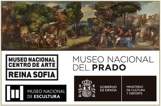 Eneas y las harpías, de Dosso Dossi, con logos de diversos museos y el logo del Ministerio de Cultura y Deporte