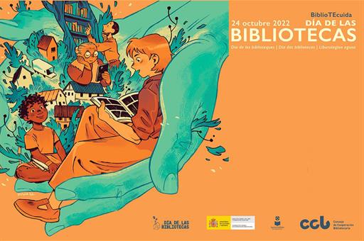 Cartel del Día de las Bibliotecas 2022 con el lema 'BiblioTEcuida'