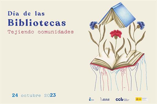 Cartel del Día de las Bibliotecas 2023 con el lema Tejiendo comunidades