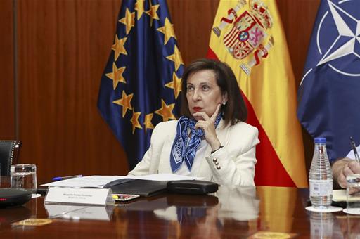 La ministra de Defensa, Margarita Robles, en la reunión virtual del Grupo de Contacto de Defensa de Ucrania