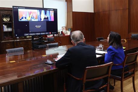 La ministra de Defensa, Margarita Robles, durante la conferencia que ha mantenido con el ministro de Defensa de Ucrania, Mykhail