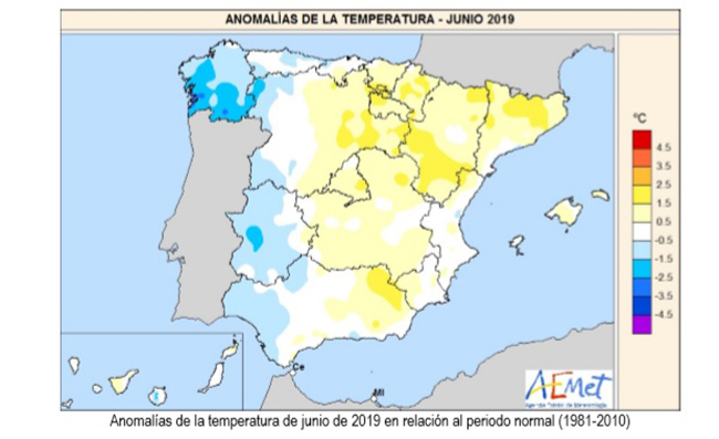 Mapa que muestra las anomalías de temperatura de junio de 2019 en relación al periodo normal (1981-2010)