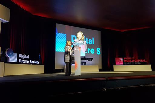 La ministra de Economía y Empresa, Nadia Calviño, durante la clausura de la cumbre Sociedad del Futuro Digital.