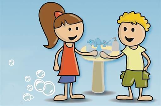 Dibujo de una niña y un niño lavándose las manos Dibujo de una niña y un niño lavándose las manos