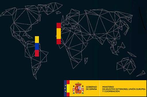 Dibujo del mapa mundial con las banderas de Venezuela y España destacadas
