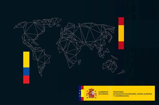 Mapa Mundi con las banderas de España y Ecuador y el logo del Ministerio de Asuntos Exteriores, Unión Europea y Cooperación