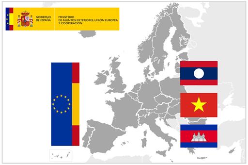 Mapa mundi con las banderas de Vietnam, Camboya y Laos y el logo del Ministerio de Asuntos Exteriores, UE y Cooperación