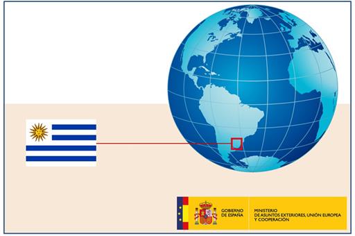 Bandera de Uruguay con el logo del Ministerio de Asuntos Exteriores, UE y Cooperación