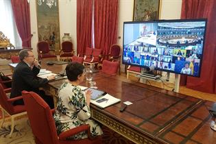 La ministra Arancha Gonz?lez Laya durante la reunión por videoconferencia