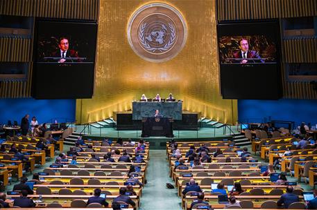 El ministro de Asuntos Exteriores, Unión Europea y Cooperación, José Manuel Albares, durante su intervención en Naciones Unidas