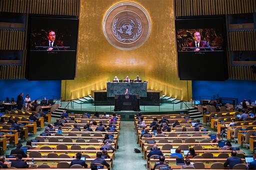 El ministro de Asuntos Exteriores, Unión Europea y Cooperación, José Manuel Albares, durante su intervención en Naciones Unidas
