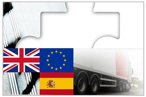 Collage de un camión con una pieza de puzzle y con las banderas de la Unión Europea, España y el Reino Unido