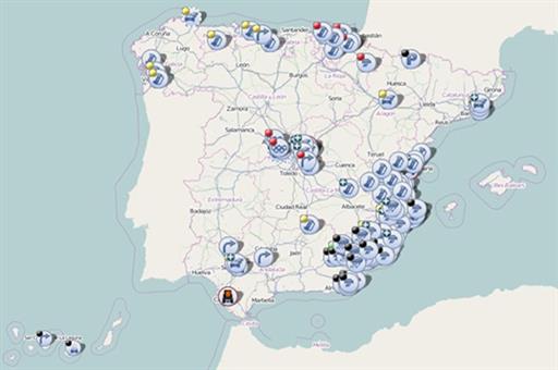 Mapa de España con la información sobre el estado de las carreteras, con la información obtenida en la web de la DGT