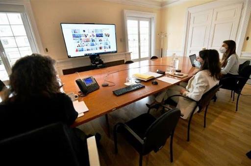 La ministra Irene Montero durante la reunión, por videoconferencia