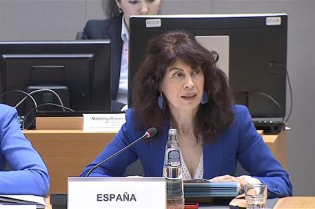 La ministra de Igualdad durante su intervención en el Consejo EPSCO