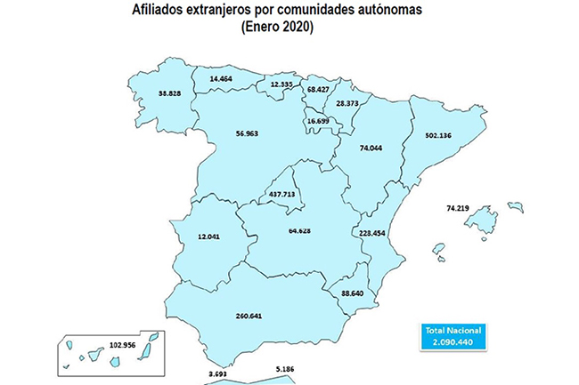 Afiliados extranjeros por comunidades autónomas 