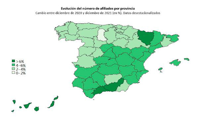 Mapa de evolución del número de afiliados por provincia