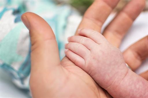 Mano de bebé apoyada sobre mano de adulto