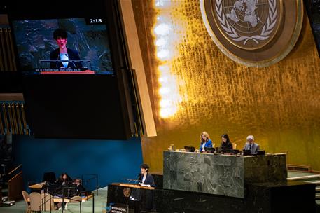 Elma Saiz interviene en la sede de las Naciones Unidas en Nueva York.
