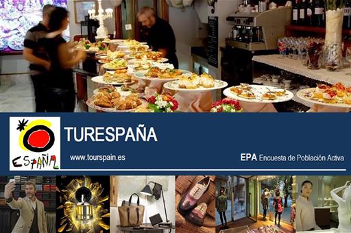 Logo de Turespaña con fotos de diferentes sectores relacionados con los empleos del sector turístico