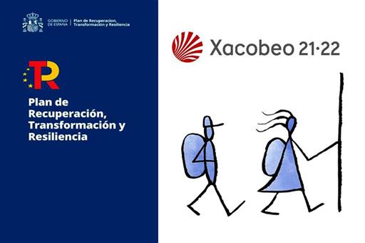 Cartela del Plan de Recuperación, Transformación y Resiliencia con el logo del Xacobeo y dos peregrinos