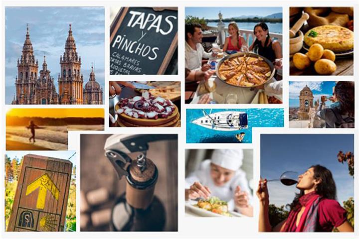 Collage de fotos representativas de la cultura, patrimonio y gastronomía de España
