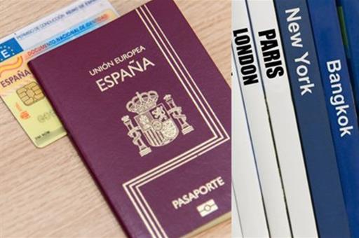 Foto de un pasaporte y DNI español con guías de viajes a diferentes países