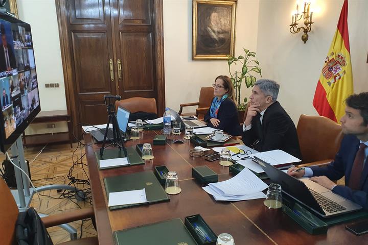 El ministro del Interior, Fernando Grande-Marlaska, duranta la videoconferencia