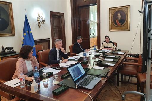 El ministro Fernando Grande-Marlaska, y sus colaboradores, durante la reunión telemática