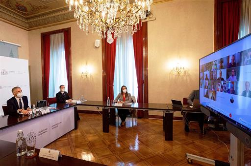 El ministro del Interior, Fernando Grande-Marlaska, durante la reunión por videoconferencia