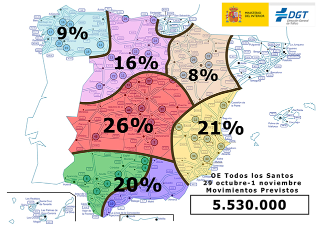 Mapa del operativo especial de tráfico por el puente de Todos los Santos