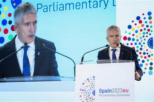 El ministro del Interior, Fernando Grande-Marlaska, durante su intervención en la conferencia.