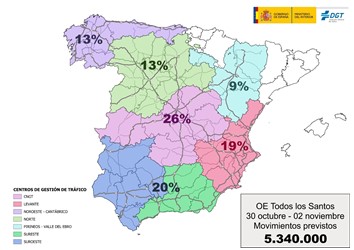 Mapa oficial de España por regiones con los movimientos previstos y los centros de gestión de tráfico del operativo de Todos los Santos